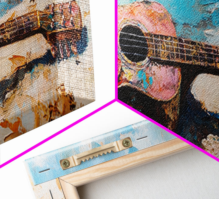 Weathered Acoustic Guitar On Beach Canvas Print, Coastal Wall Art, Music Room Decor, Ocean Art Print, Gift For Guitar Lover