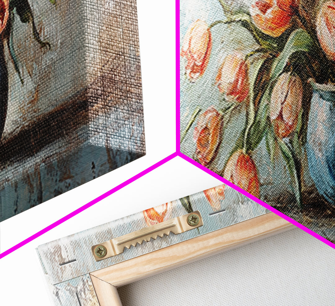 Orange Tulips In Blue Vase Framed Canvas Print, Rustic Floral Wall Art, Farmhouse Decor, Still Life Painting Gift For Her