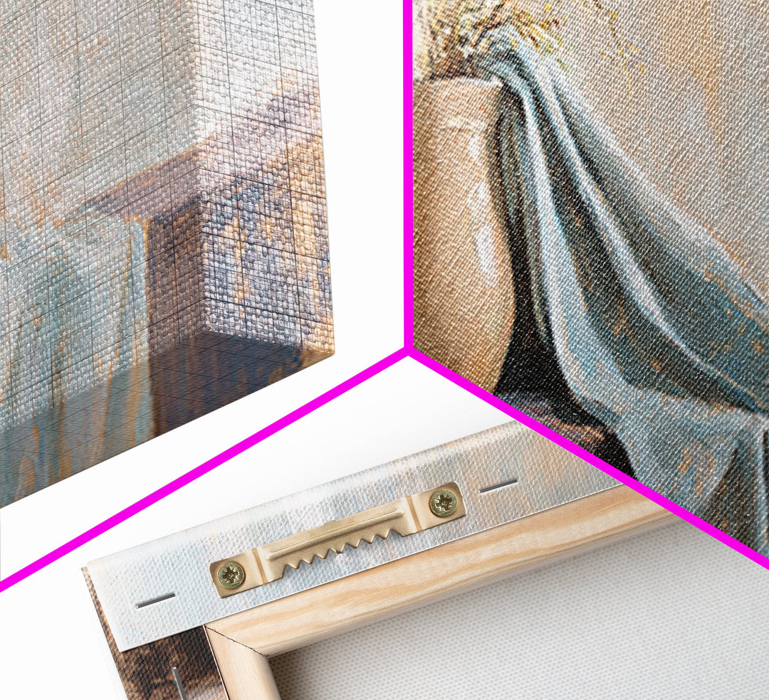 Beige Vase With Dried Grass And Blue Draped Cloth Wall Art, Wabi Sabi Canvas Print, Neutral Home Decor For Living Room Gift