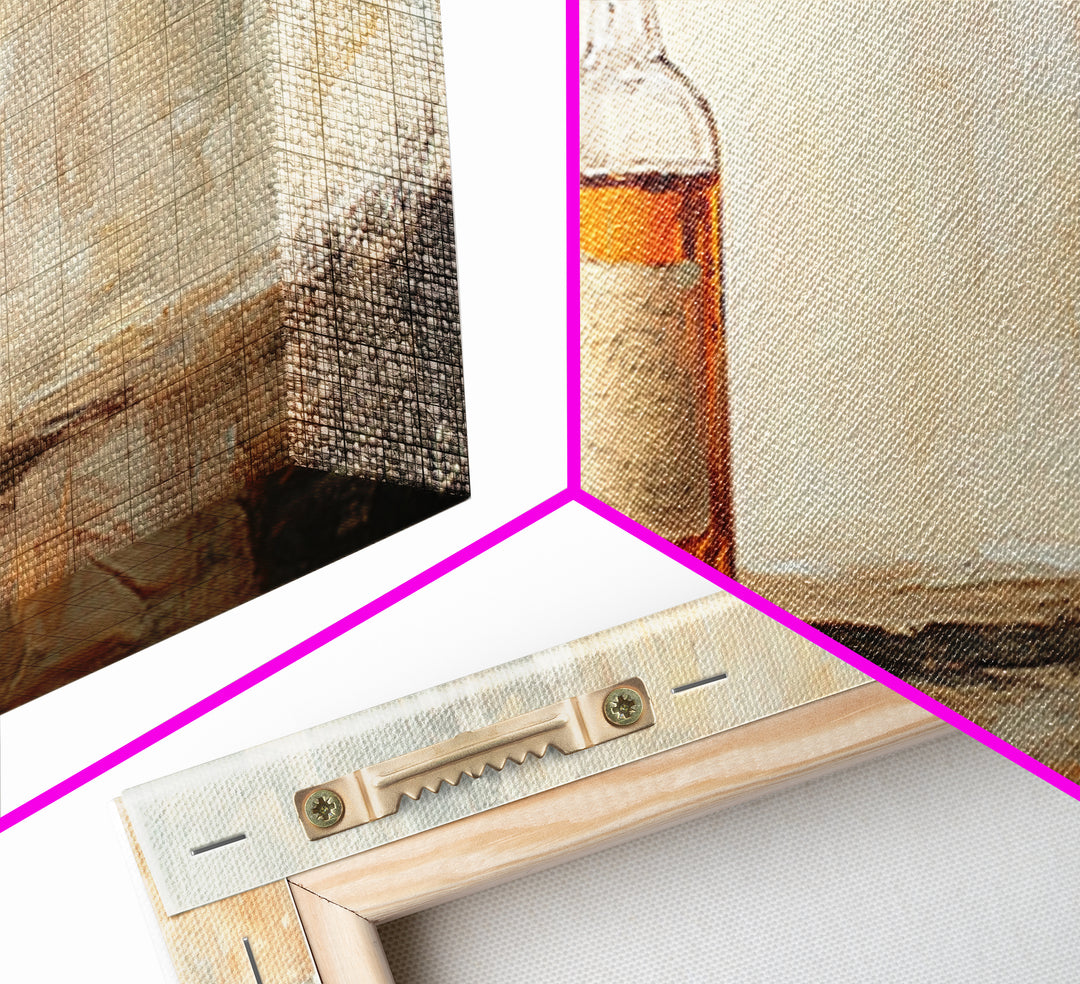 Amber Whiskey Bottle Still Life Framed Canvas Print, Bar Wall Art, Rustic Home Bar Decor, Masculine Man Cave Whiskey Lover Gift