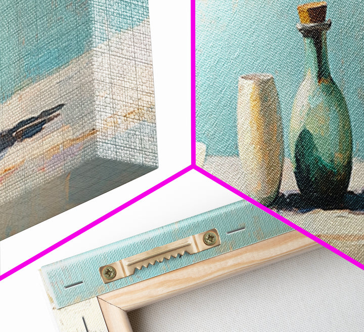 Turquoise Vase And Open Book Canvas Print, Minimalist Wall Art, Coastal Still Life Decor, Modern Japandi Living Room Art