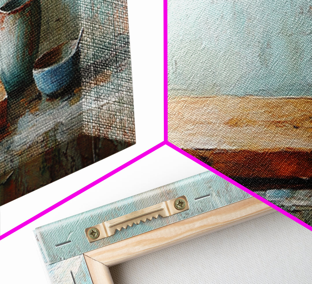 Wooden Cutting Board And Blue Pottery Wall Art, Rustic Kitchen Decor, Farmhouse Art Print, Still Life Painting, Home Decor