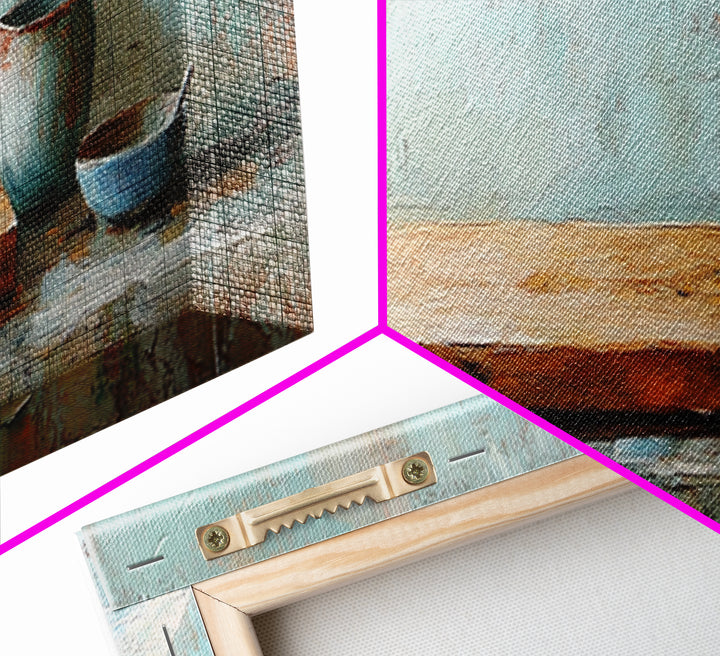 Wooden Cutting Board And Blue Pottery Wall Art, Rustic Kitchen Decor, Farmhouse Art Print, Still Life Painting, Home Decor