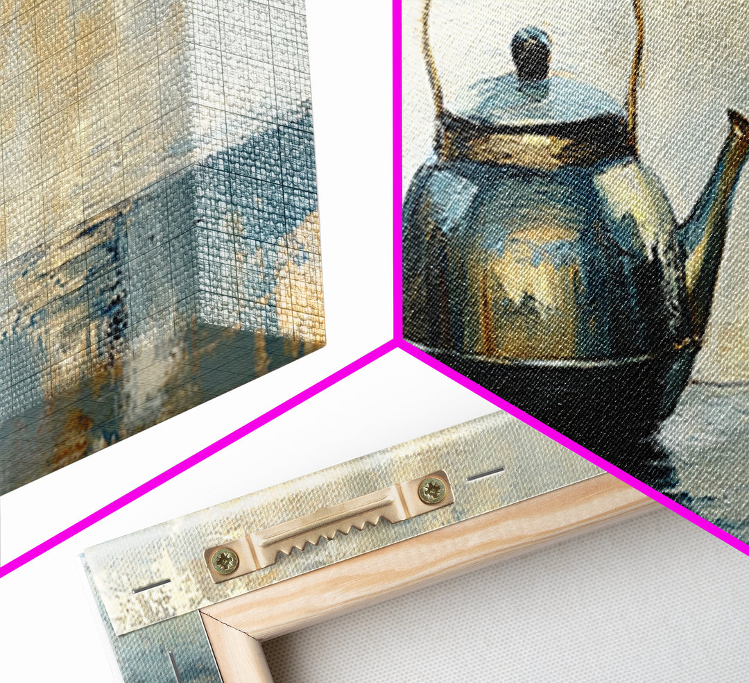 Black Tea Kettle Still Life Canvas Print, Rustic Kitchen Wall Art, Farmhouse Home Decor, Cozy Coffee Bar Gift For Tea Lovers