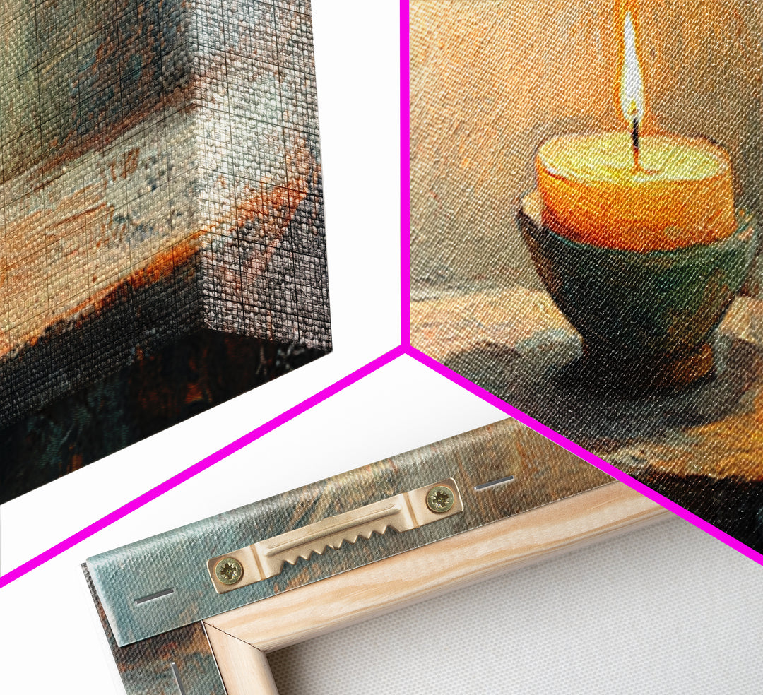 Glowing Candle Still Life Framed Canvas Print, Moody Wall Decor, Meditation Room Art, Rustic Home Decor, Calming Housewarming Gift