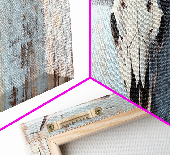 Longhorn Skull On Rustic Blue Wall Art, Western Cowboy Decor, Southwestern Farmhouse, Large Horizontal Ranch Housewarming Gift