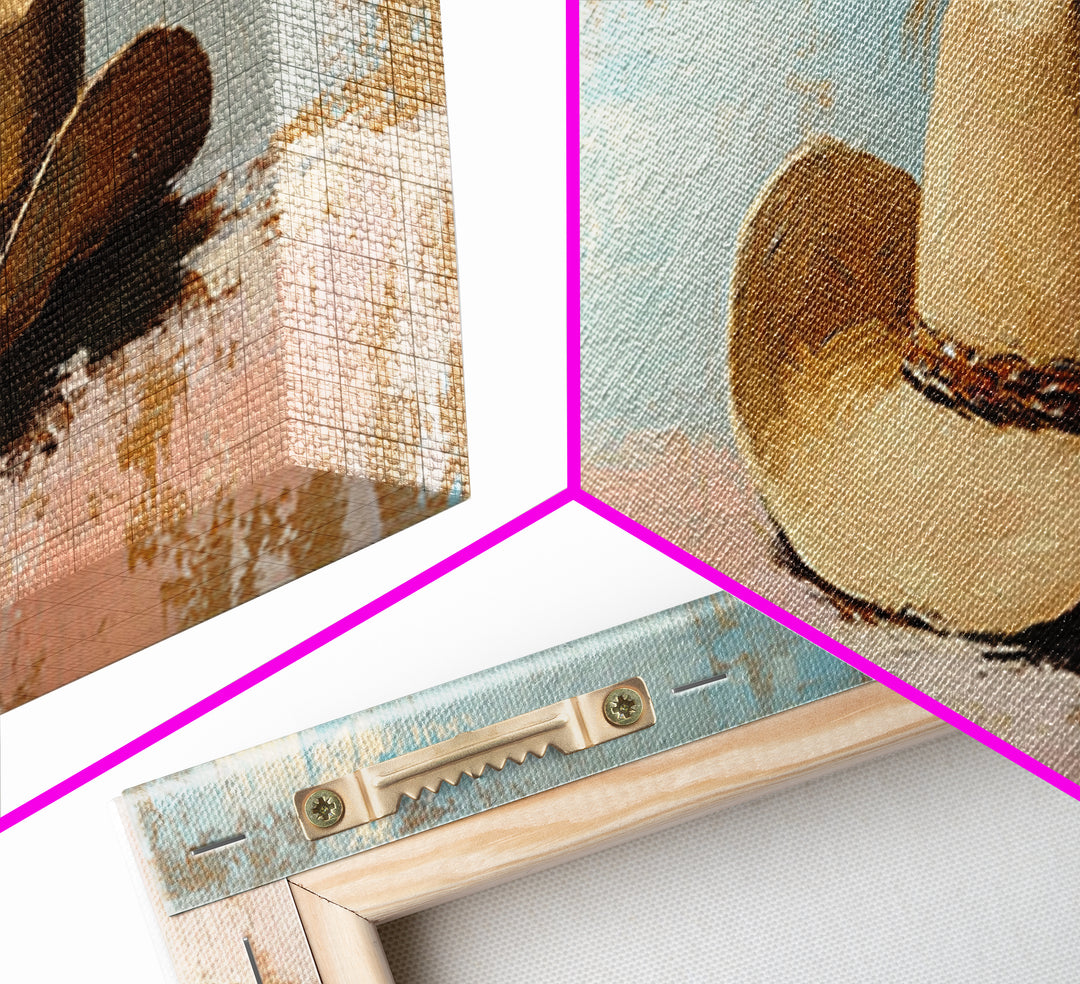 Tan Cowboy Hat On Pastel Blue Canvas Print, Western Wall Art, Rustic Ranch Decor, Southwestern Farmhouse, Neutral Bedroom Decor