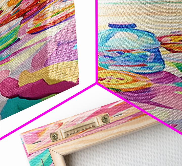 Beach Picnic Under Pink Umbrella Canvas Print, Coastal Wall Art, Colorful Beach House Decor, Summer Kitchen Art Print Gift