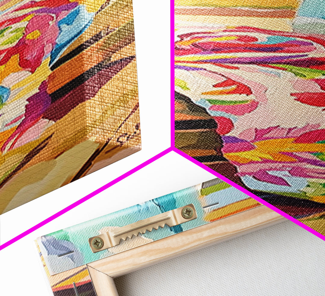 Beach Towels On Sunlit Chair Framed Canvas Print, Coastal Home Decor, Summer Beach House Art, Colorful Bathroom Wall Art