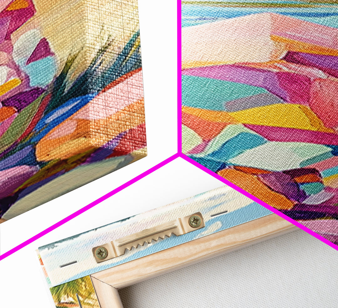 Rainbow Crystal Beach Canvas Print, Coastal Wall Art, Colorful Gemstone Decor, Ocean Landscape Print, Boho Beach House Gift