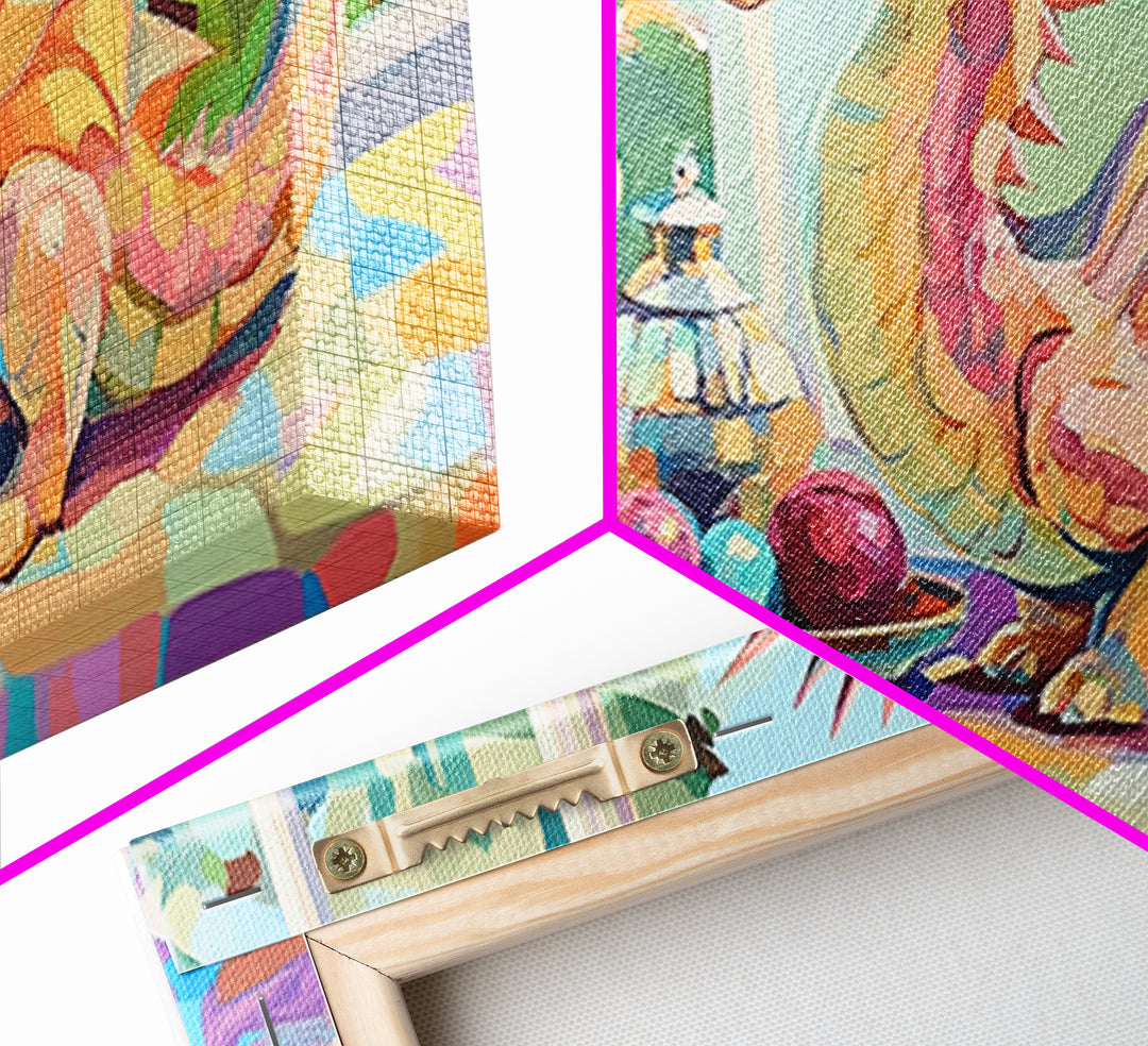 Whimsical Pink Dragon With Flowers Framed Canvas Print, Fantasy Wall Art, Nursery Decor, Girls Room Art, Unique Gift For Her