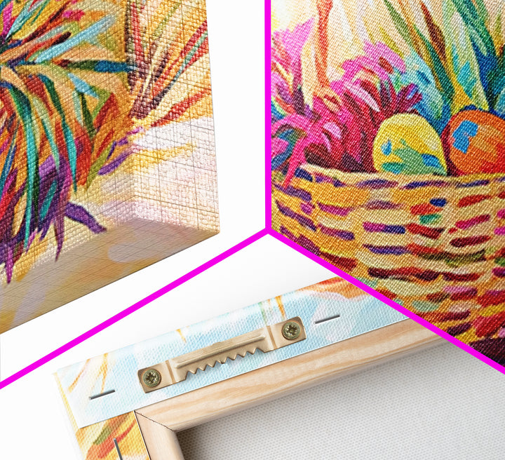 Beach Basket With Tropical Leaves Wall Art, Coastal Canvas Print, Summer Beach House Decor, Colorful Fruit Still Life Gift
