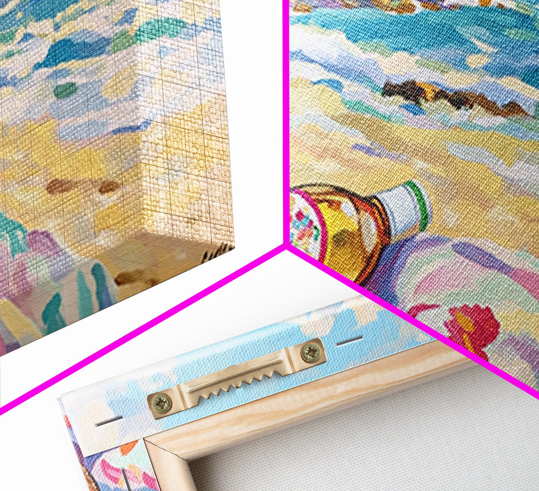 Beach Bottle On Towel Coastal Beach Canvas Print, Ocean Wall Art, Beach House Decor, Nautical Wall Decor, Summer Gift For Her