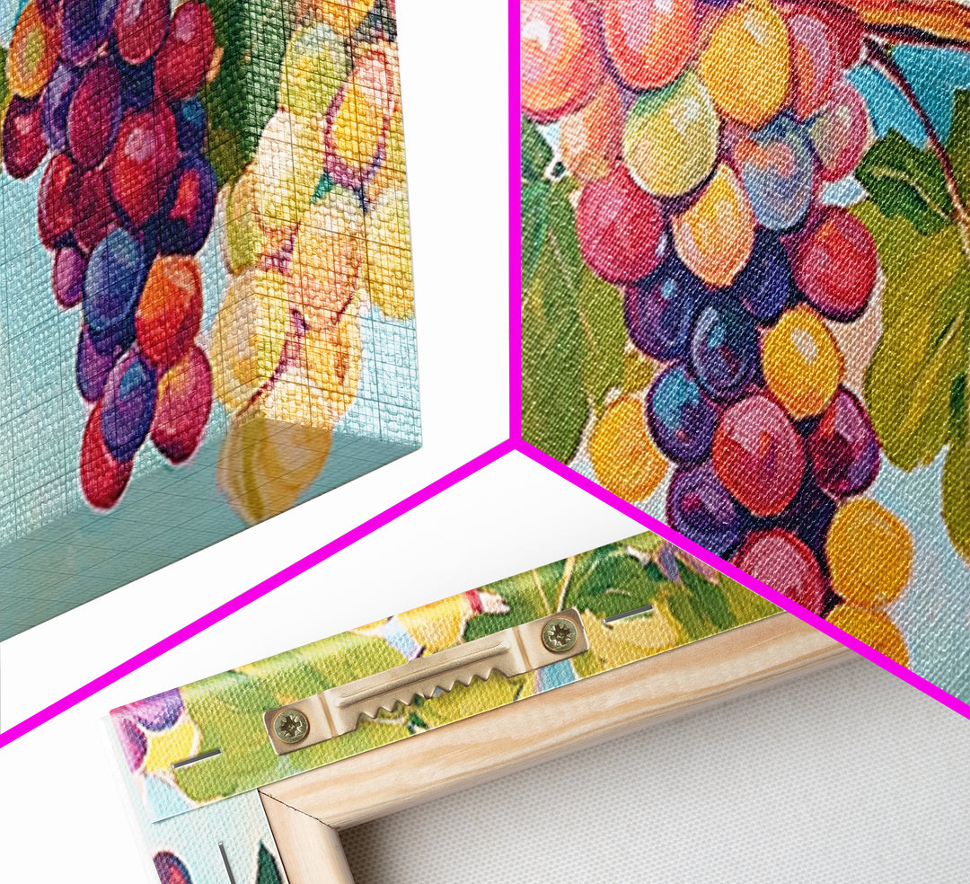 Sunlit Grape Clusters On Vine Framed Canvas Print, Vineyard Wall Art, Winery Decor, Colorful Kitchen Art, Wine Lover Gift