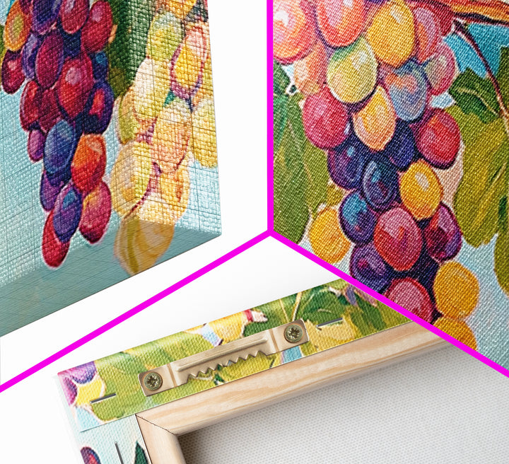 Sunlit Grape Clusters On Vine Framed Canvas Print, Vineyard Wall Art, Winery Decor, Colorful Kitchen Art, Wine Lover Gift