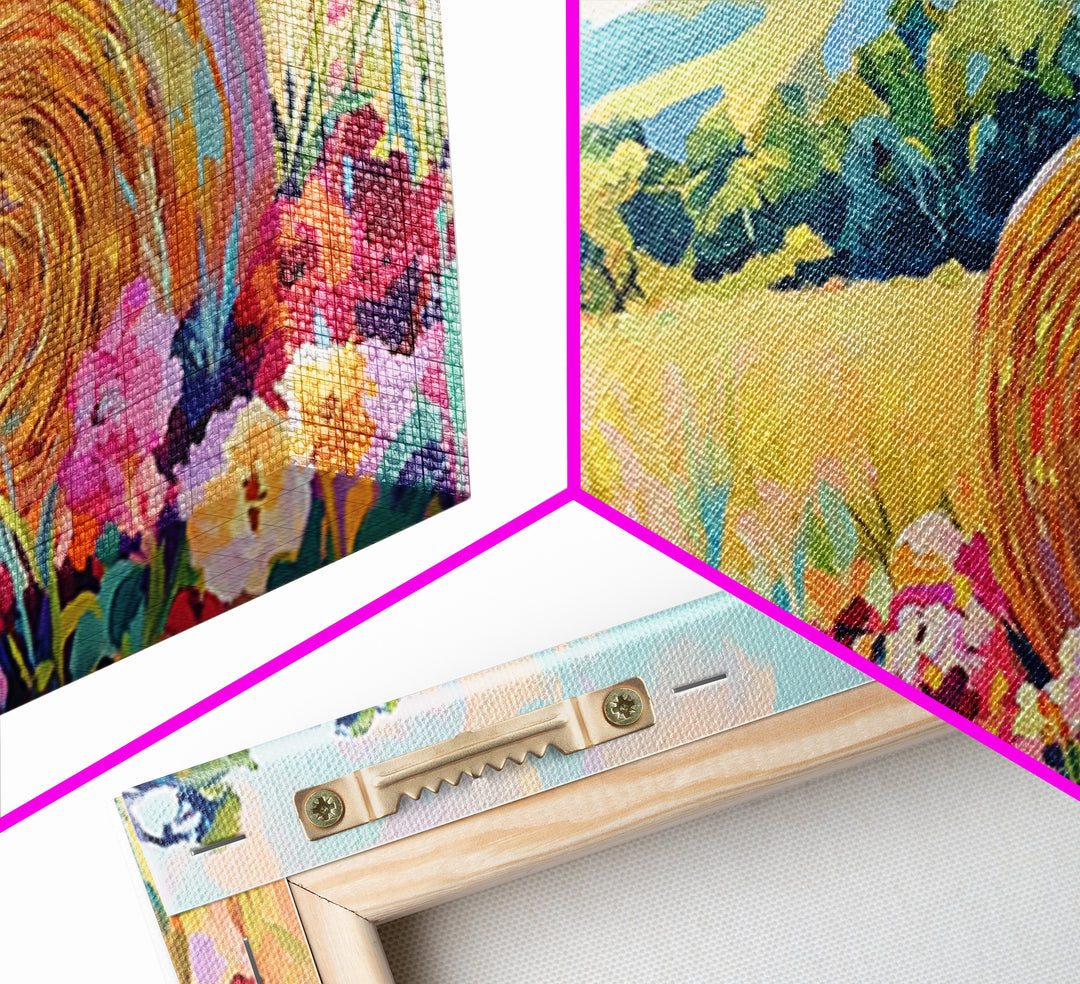 Golden Hay Bale Wildflower Meadow Canvas Print, Country Landscape Wall Art, Farmhouse Decor, Rustic Living Room Art Gift