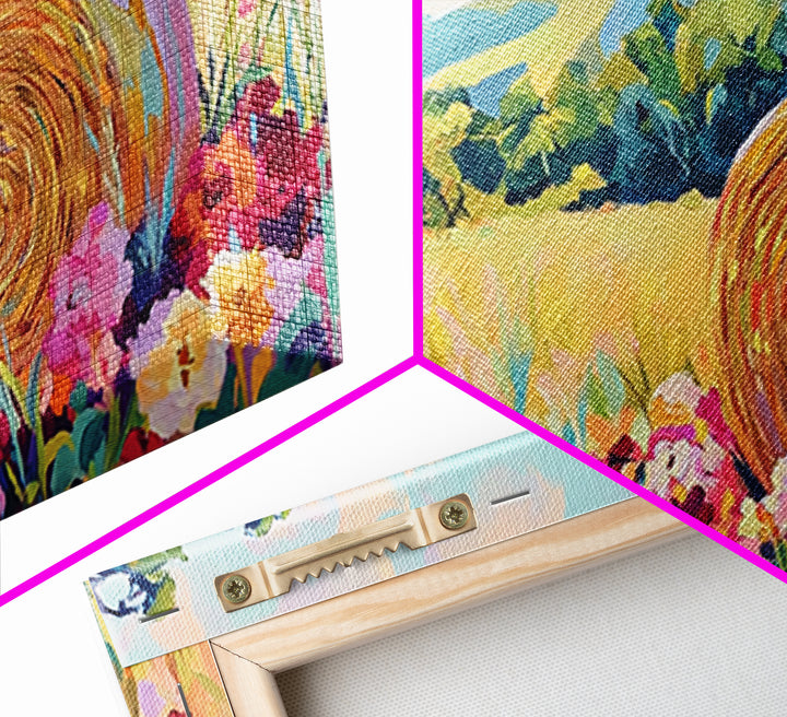 Golden Hay Bale Wildflower Meadow Canvas Print, Country Landscape Wall Art, Farmhouse Decor, Rustic Living Room Art Gift