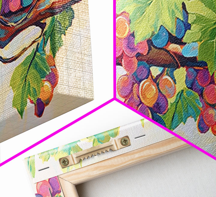 Sunlit Grapes And Green Vine Wall Art, Vineyard Canvas Print, Colorful Kitchen Decor, Rustic Farmhouse Dining Room Prints