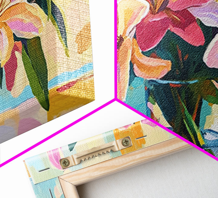 Pink Lilies In Glass Vase Framed Canvas Print, Floral Wall Art, Botanical Decor, Feminine Living Room Wall Decor, Gift For Her