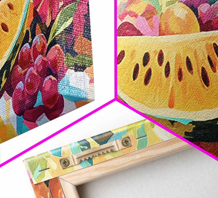 Sunny Watermelon And Summer Fruit Canvas Print, Colorful Kitchen Wall Art, Fruit Still Life, Dining Room Home Decor Gift