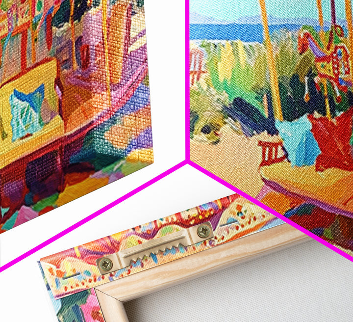 Beachside Carousel With Ocean Chairs Framed Canvas Print, Coastal Wall Art, Summer Beach Decor, Colorful Living Room Art