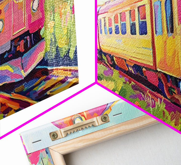 Pink Yellow Train Through Wildflower Meadow Framed Canvas Print, Colorful Wall Art, Travel Decor, Modern Landscape Art Print
