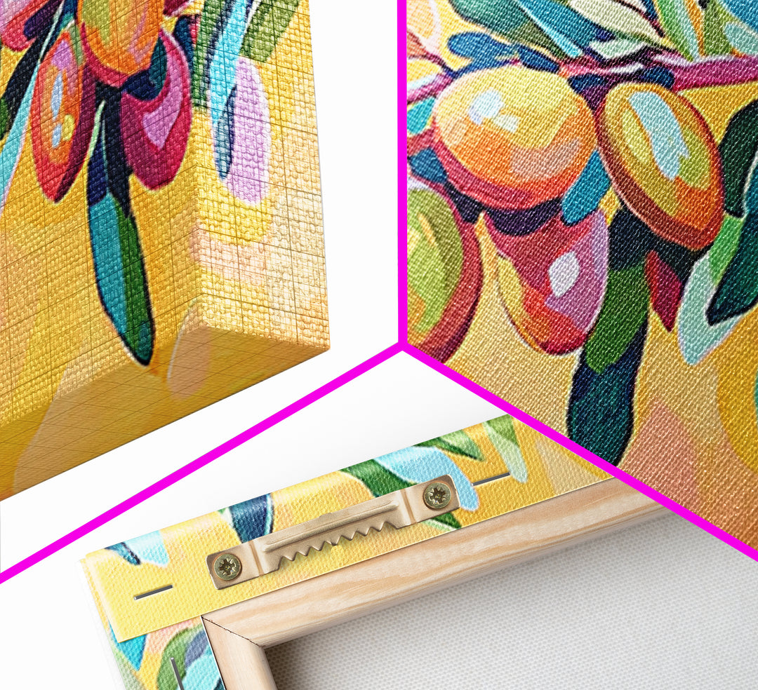 Olive Branch With Green Leaves And Golden Fruit Wall Art, Mediterranean Canvas Print, Botanical Kitchen Decor Gift For Her