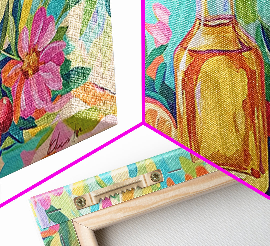 Olive Oil Bottle With Lemon And Pink Flowers Canvas Print, Mediterranean Wall Art, Botanical Kitchen Home Decor Gift For Her