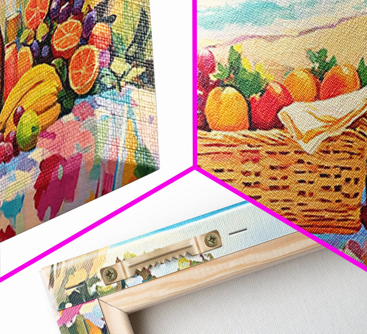 Seaside Picnic Basket Framed Canvas Print, Coastal Wall Art, Fruit And Wine Still Life, Beach House Kitchen Decor Gift For Her