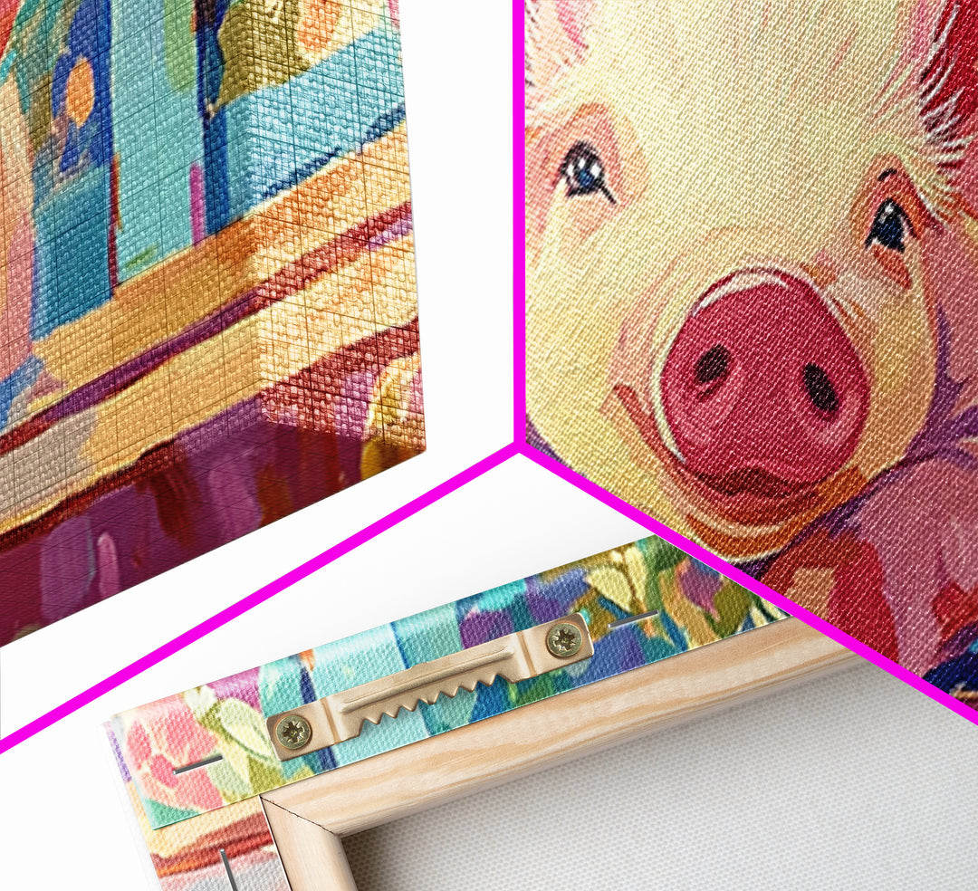 Piglet At Garden Fence Framed Canvas Print, Cute Farm Animal Wall Art, Floral Farmhouse Home And Nursery Decor, Gift For Her