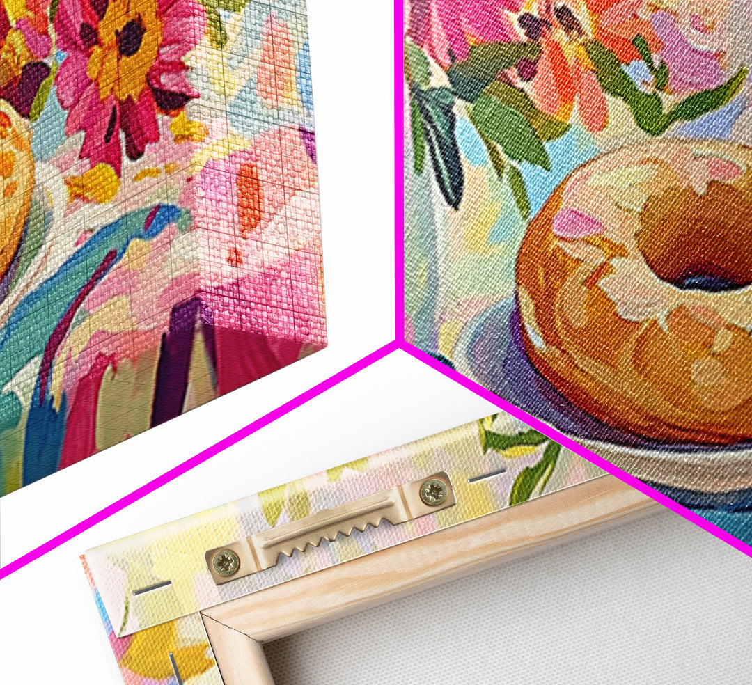Glazed Donut And Garden Flowers Canvas Print, Bakery Wall Art, Cheerful Kitchen Decor, Colorful Breakfast Nook Art, Housewarming Gift