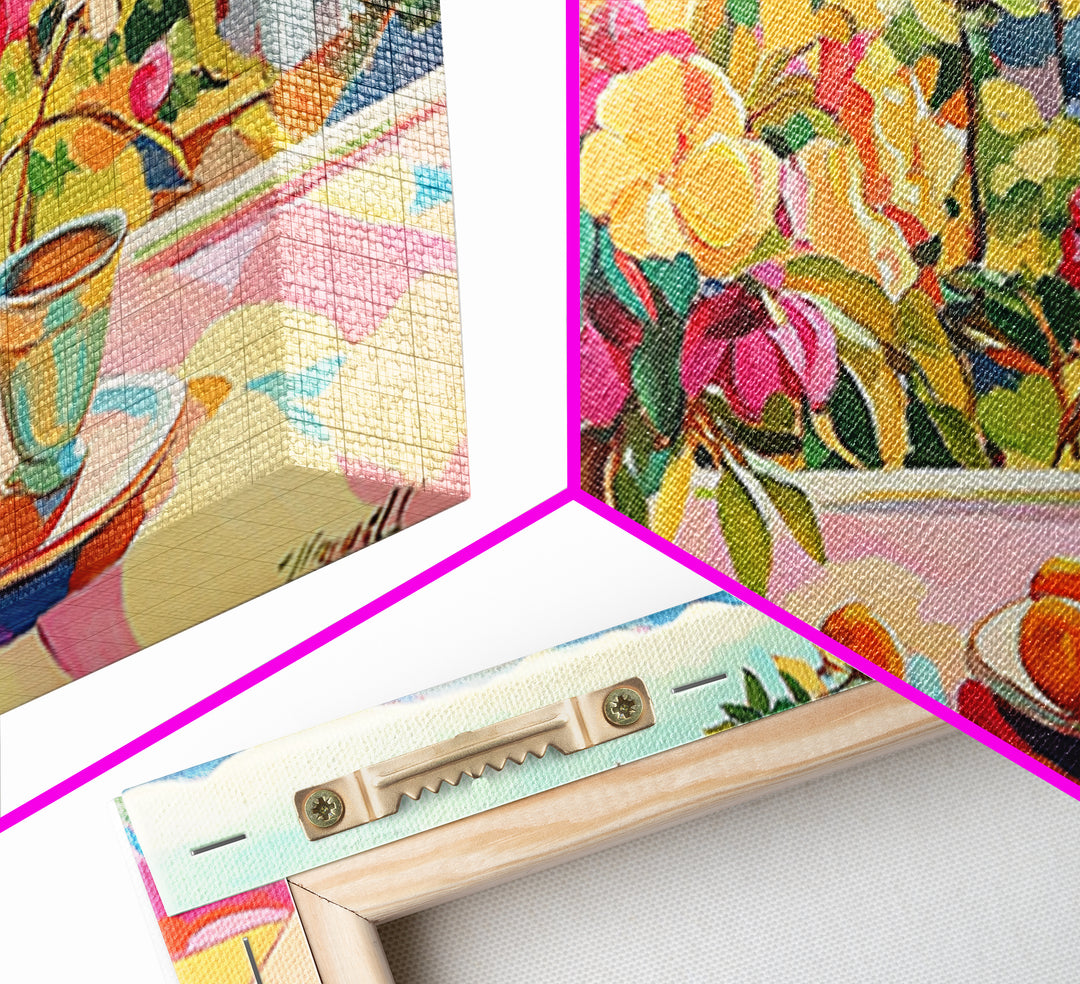 Sunny Terrace Flowers And Citrus Canvas Print, Mediterranean Wall Art, Italian Countryside Decor, Colorful Dining Room Print