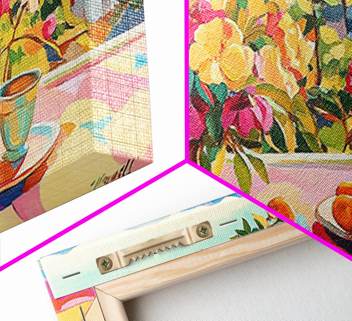 Sunny Terrace Flowers And Citrus Canvas Print, Mediterranean Wall Art, Italian Countryside Decor, Colorful Dining Room Print