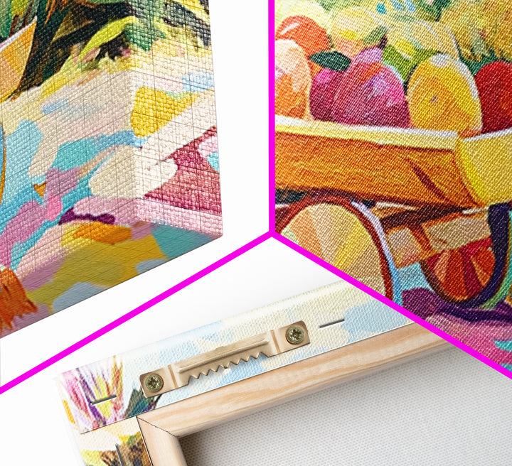 Tropical Fruit Cart By The Sea Canvas Print, Coastal Wall Art, Tropical Beach House Decor, Colorful Summer Kitchen Art Gift