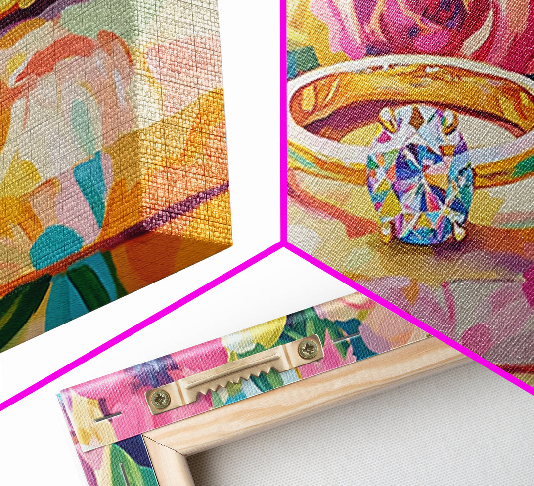 Diamond Engagement Ring With Roses Framed Canvas Print, Romantic Wall Art, Floral Wall Decor, Anniversary Wedding Gift For Her