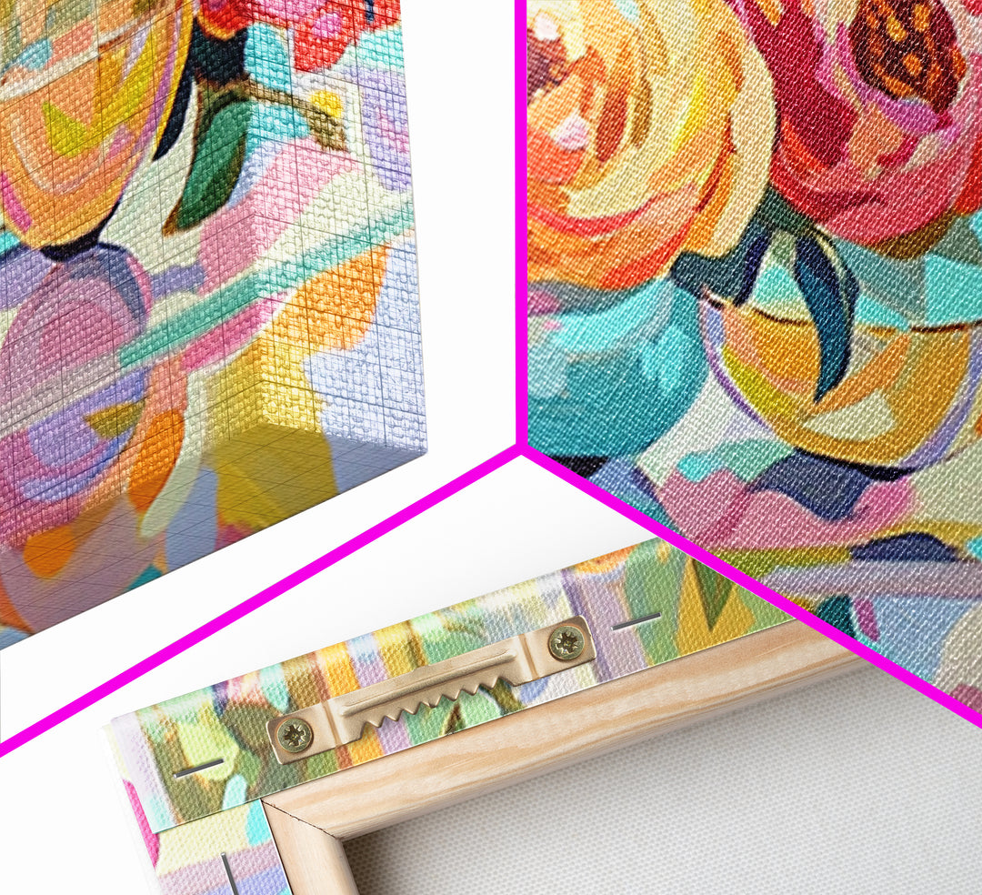 Pink Roses And White Wine Framed Canvas Print, Floral Still Life Wall Art, Romantic Kitchen Decor Gift For Her Dining Room Art