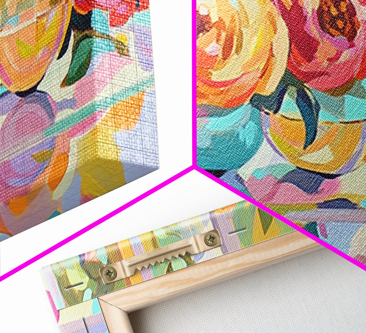 Pink Roses And White Wine Framed Canvas Print, Floral Still Life Wall Art, Romantic Kitchen Decor Gift For Her Dining Room Art