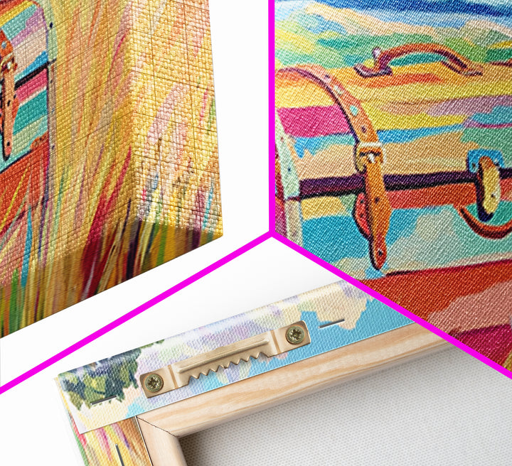 Striped Treasure Chest In Coastal Meadow Framed Canvas Print, Beach House Decor, Colorful Landscape Wall Art, Housewarming Gift