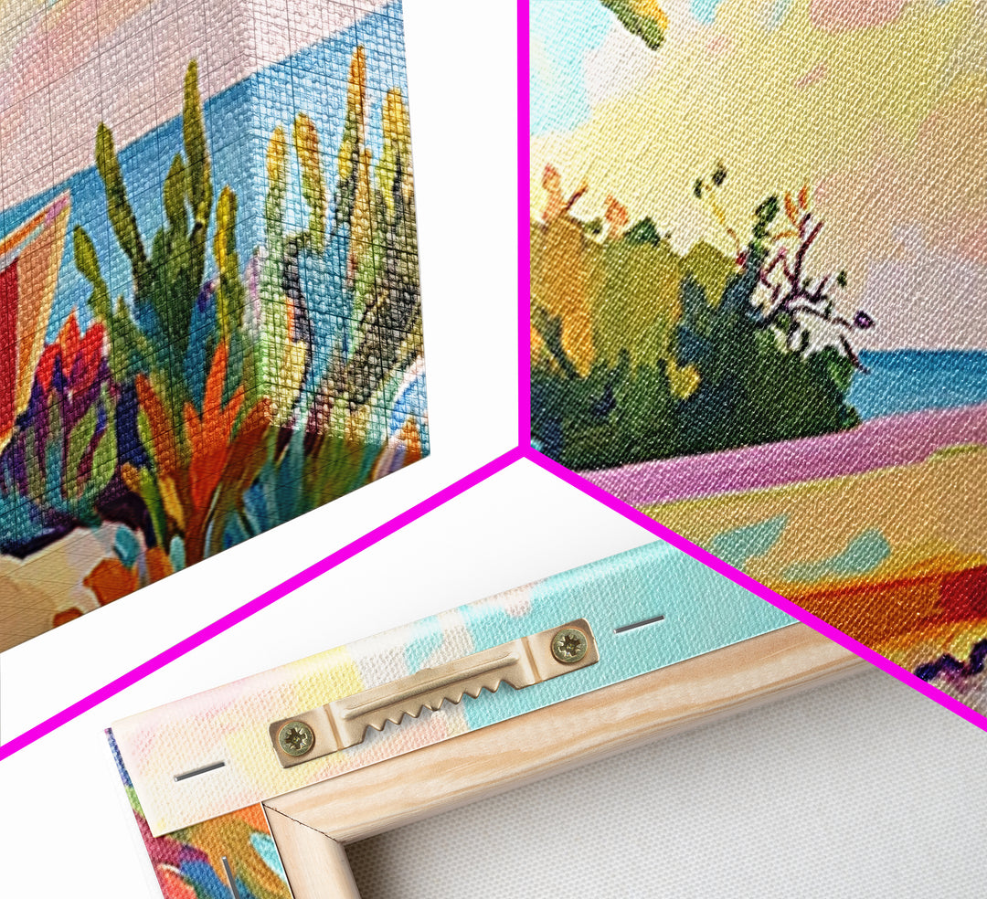 Pastel Garden Bench Overlooking Calm Sea Canvas Print, Coastal Wall Art, Mediterranean Decor, Serene Landscape For Living Room
