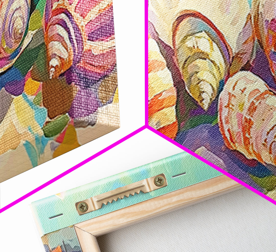 Rainbow Seashell Collection Beach Still Life Canvas Print, Coastal Wall Art, Nautical Home Decor, Colorful Beach House Gift
