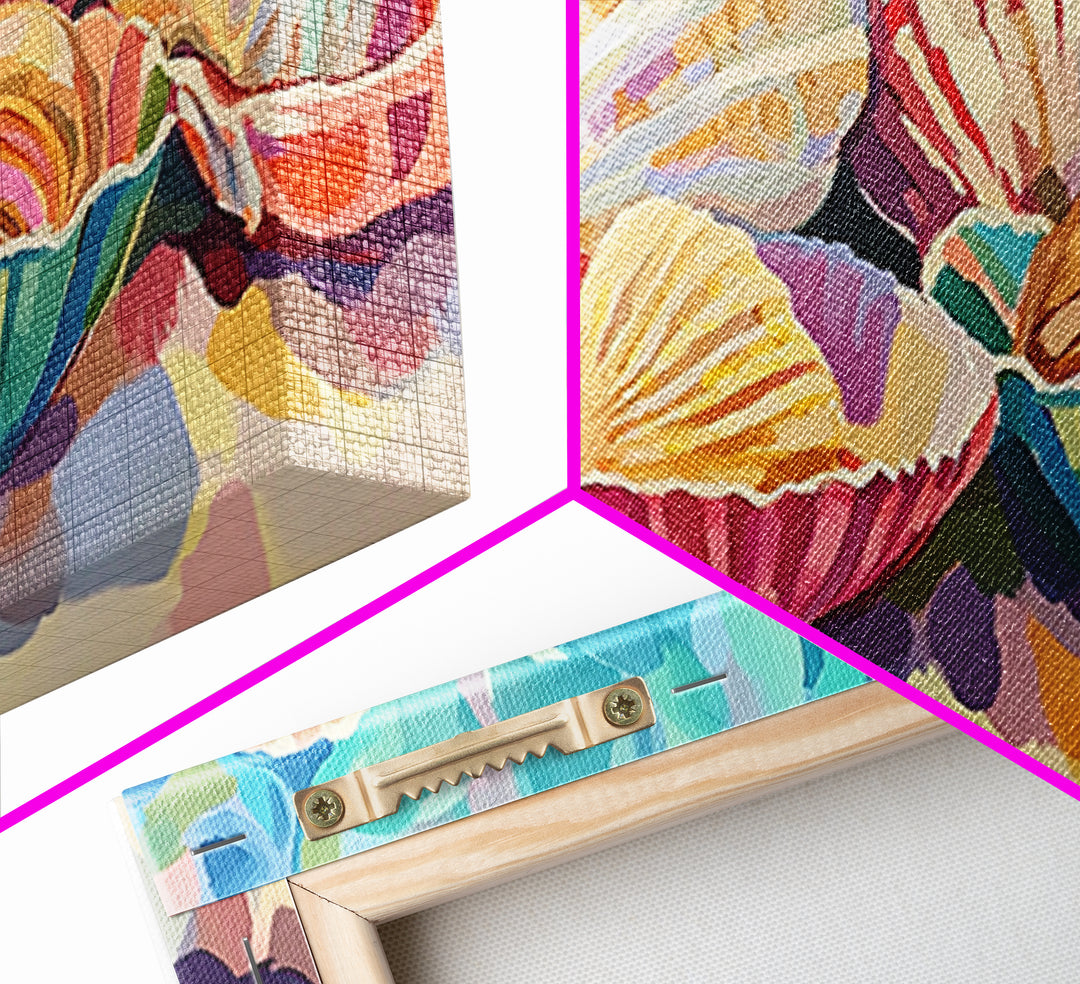 Colorful Scallop Shell Trio Still Life Wall Art, Coastal Bathroom Decor, Seashell Canvas Print, Beach House Gallery Art Print