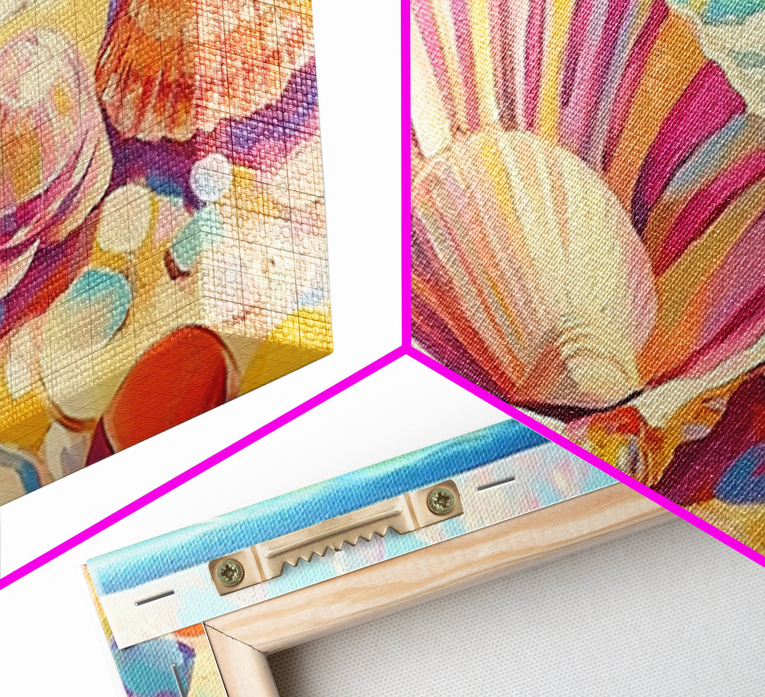 Pink Seashells On Sandy Beach Canvas Print, Coastal Wall Art, Beach House Decor, Ocean Wall Decor, Summer Gift For Her, Bathroom Decor