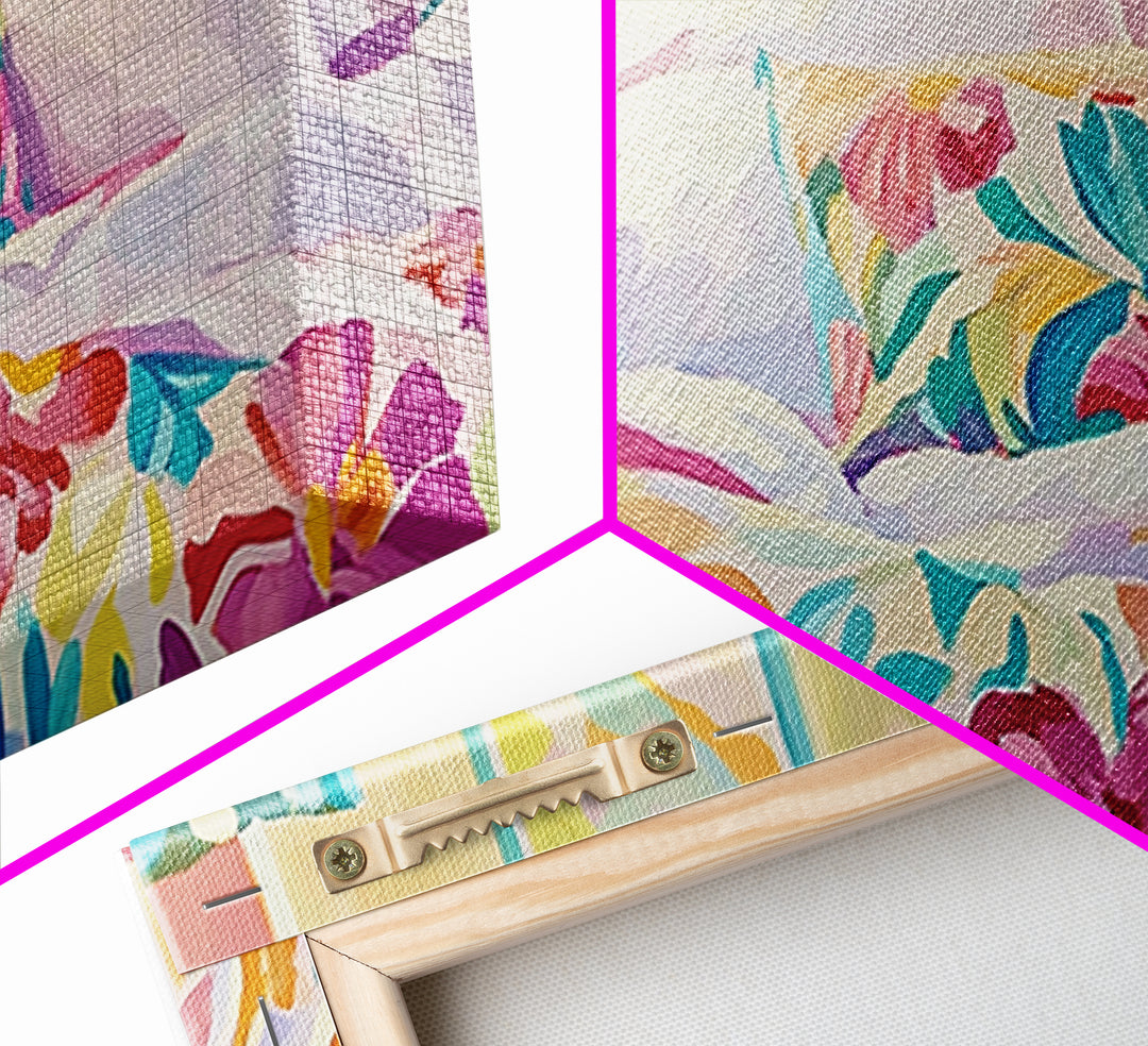 Bright Floral Bedding In Sunlit Bedroom Wall Art, Cozy Master Bedroom Decor, Tropical Canvas Print, Above Bed Gift For Her