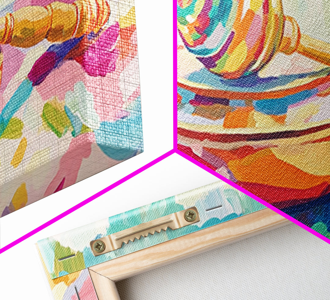 Rainbow Maraca On Painted Bowl Canvas Print, Colorful Music Room Wall Art, Whimsical Nursery Decor And Playroom Art Gift