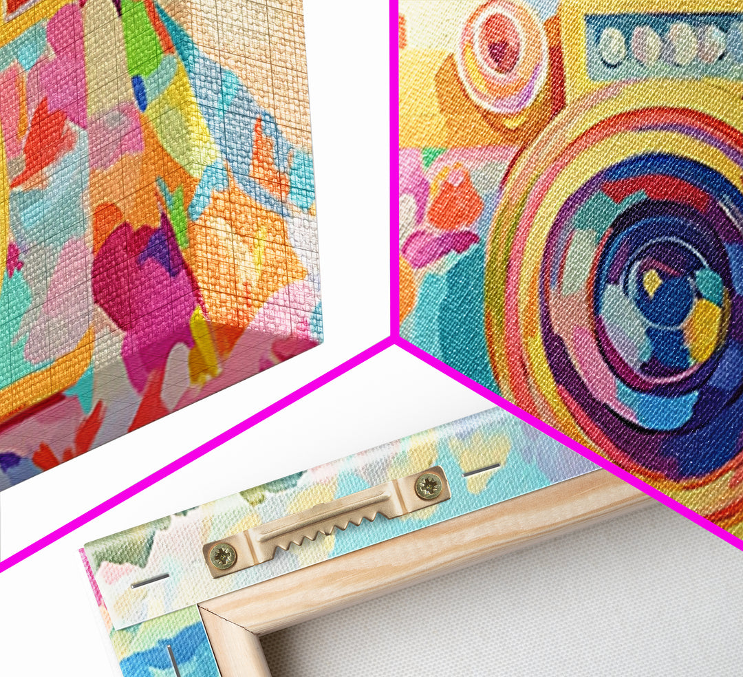 Retro Floral Camera On Sunny Beach Towel Canvas Print, Coastal Wall Art, Photography Decor, Dopamine Decor, Gift For Her