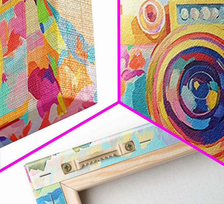 Retro Floral Camera On Sunny Beach Towel Canvas Print, Coastal Wall Art, Photography Decor, Dopamine Decor, Gift For Her