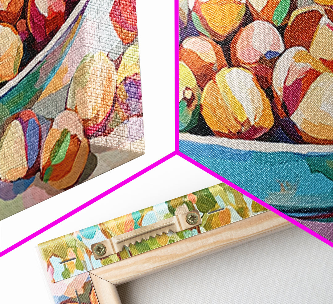 Sunlit Bowl Of Nuts Still Life Canvas Print, Colorful Kitchen Wall Art, Food Painting, Dining Room Decor, Housewarming Gift