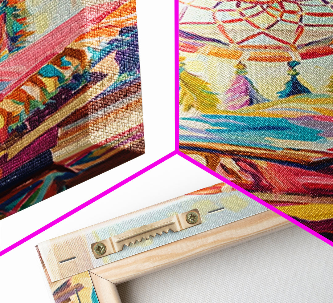 Boho Dreamcatcher And Stacked Books By Window Canvas Print, Whimsical Wall Art, Reading Nook Decor, Colorful Bedroom Art