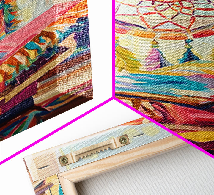 Boho Dreamcatcher And Stacked Books By Window Canvas Print, Whimsical Wall Art, Reading Nook Decor, Colorful Bedroom Art