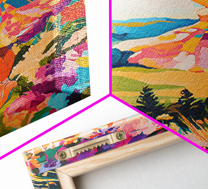 Joyful Woman In Mountain Flower Meadow Framed Canvas Print, Colorful Wall Art, Feminine Art, Landscape Art, Gift For Her
